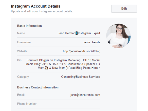 Неке детаље Инстаграм налога можете уредити у подешавањима своје Фацебоок странице.