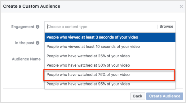 Изаберите људе који су гледали 75% вашег видео записа у дијалошком оквиру Стварање прилагођене публике.
