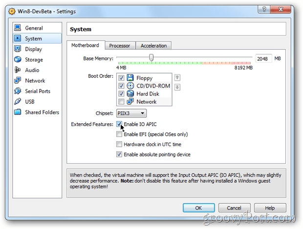 Подешавање конфигурације матичне плоче система ВиртуалБок омогућава ио апиц виндовс 8