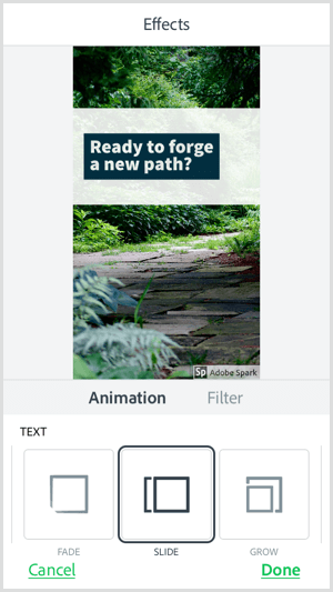 Изаберите опцију анимације текста помоћу мобилне апликације Адобе Спарк Пост.