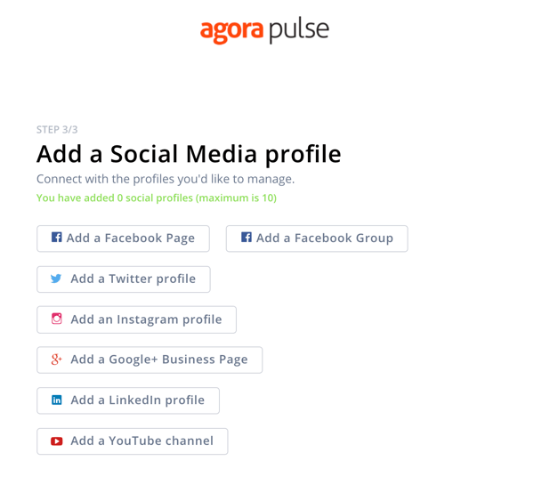 Како користити Агорапулсе за слушање друштвених мрежа, корак 1 додајте друштвени профил.