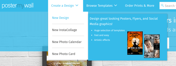 Изаберите Направи дизајн> Нови дизајн да бисте креирали графику помоћу ПостерМиВалл-а.