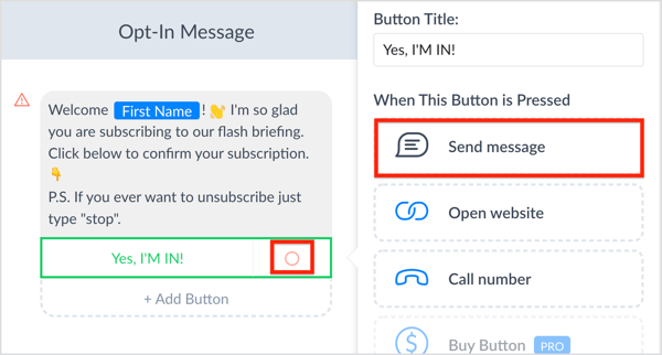 Кликните дугме опције поред вашег позива на акцију и кликните Пошаљи поруку.