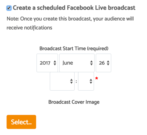 Након што кликнете на поље за потврду да бисте заказали емитовање, можете одабрати датум, време и насловну слику.