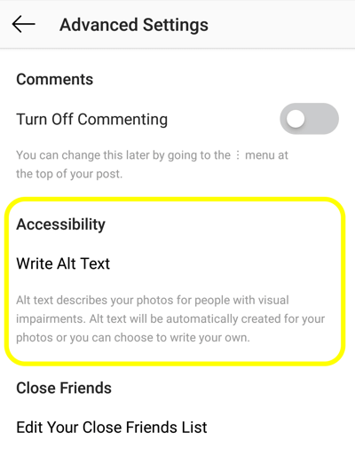Како додати алт текст у постове на Инстаграму, корак 2, опција приступачности постова у Инстаграму да бисте поставили алт таг