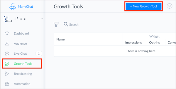 У МаниЦхат-у изаберите Алати за раст са леве стране и кликните на дугме + Нова алатка за раст у горњем десном углу.