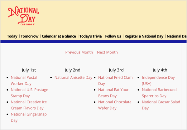 Национални календар је ресурс за насумичне празнике који одговарају вашим маркетиншким циљевима.