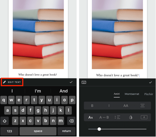 Направите Унфолд Инстаграм причу, корак 5, приказујући опције за уређивање текста.