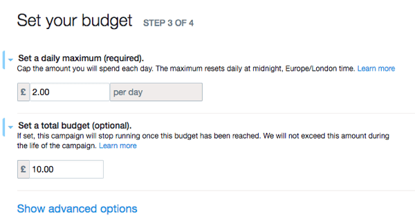 Подесите буџет за Твиттер огласе.
