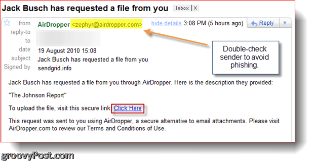 АирДроппер Дропбок - датотека са захтевом за е-пошту