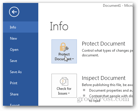 Заштита лозинком и шифрирање докумената Оффице 2013: Кликните Заштити документ