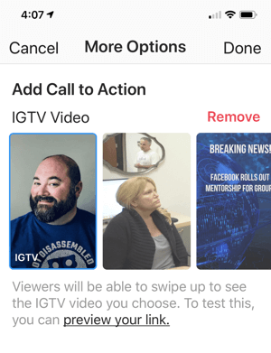 Завршетак додавања ИГТВ видео везе у вашу Инстаграм причу.