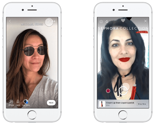 Мицхаел Корс је први бренд који је тестирао АР огласе у Невс Феед-у, омогућавајући људима да испробају сунчане наочаре и изврше куповину на основу свог искуства.