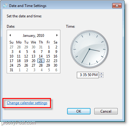 Снимак екрана за Виндовс 7 - промените подешавања календара