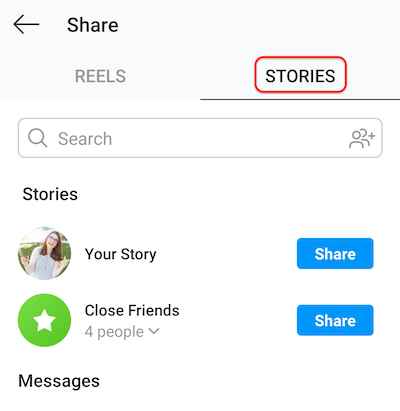 снимак екрана постављања инстаграма који приказује картицу са причама омогућавајући да се колутови деле на вашој причи или на блиској листи пријатеља