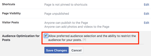 Изаберите опцију да омогућите оптимизацију публике за објаве, а затим кликните на Сачувај промене.