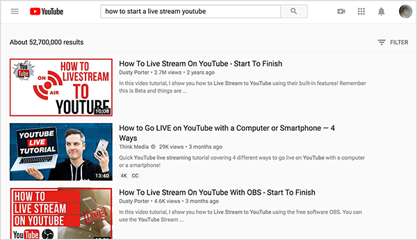 Потражите на ИоуТубе-у „како да покренете ИоуТубе стриминг уживо“, а најбољи резултати претраге приказују два видео снимка Дусти Портера.