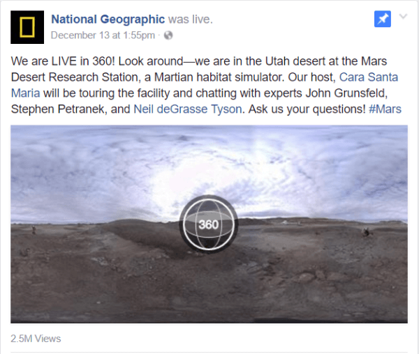 Фацебоок је ове седмице покренуо видео уживо 360 са извештајем Натионал Геограпхиц-а из објекта Истраживачке станице Марс Десерт Ресеарцх у Утаху.