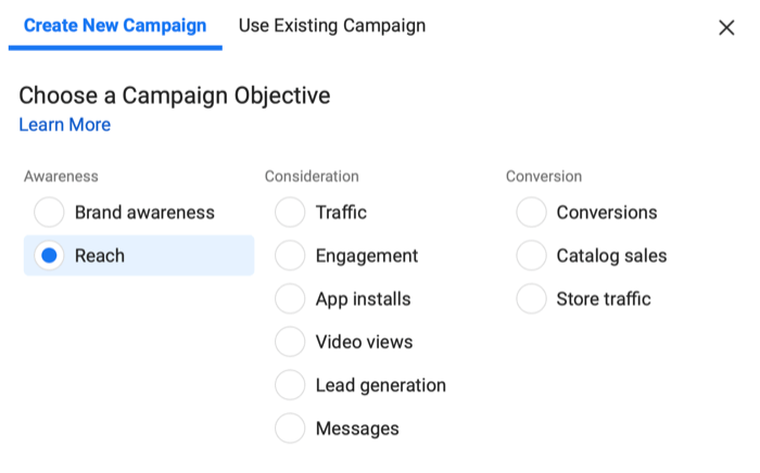инстаграм креира нови мени кампање са циљем досега одабраним под свесношћу