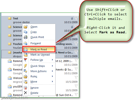 одаберите више адреса е-поште и означите више порука е-поште као прочитане или непрочитане у програму Оутлоок Оффице 2010