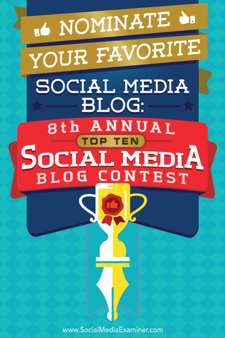 Номинирајте свој омиљени блог о друштвеним мрежама: 8. годишње такмичење Топ 10 блогова о друштвеним мрежама, ауторке Лиса Д. Јенкинс на испитивачу друштвених медија.