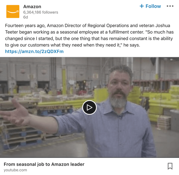 Пример видео записа о компанији Амазон ЛинкедИн на страници.