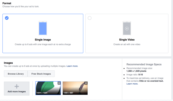 Можете одабрати формате појединачних слика или појединачних видео огласа за Инстаграм приче.