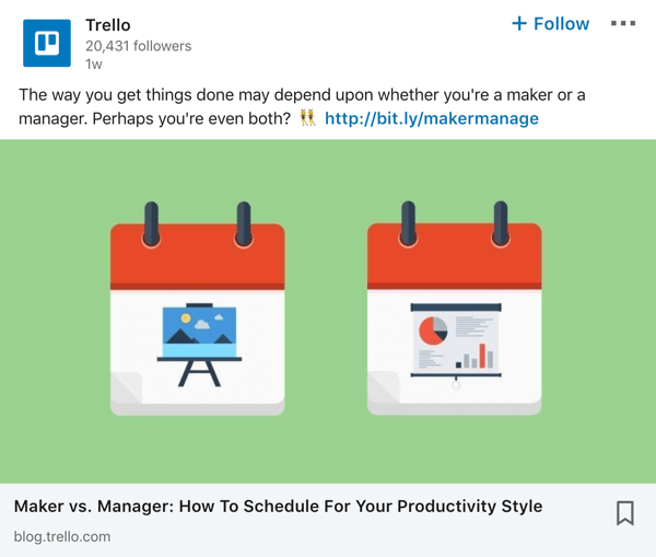 Пример објаве странице компаније Трелло ЛинкедИн.