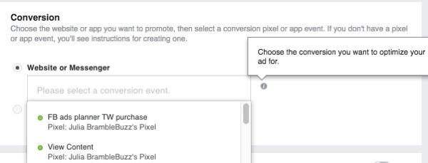 Када постављате огласну кампању за конверзије на веб локацији, одаберите пиксел који ће се користити за праћење конверзија.