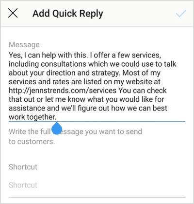 Уредите поруку, додајте пречицу и додирните ознаку да бисте сачували брзи одговор на Инстаграм.