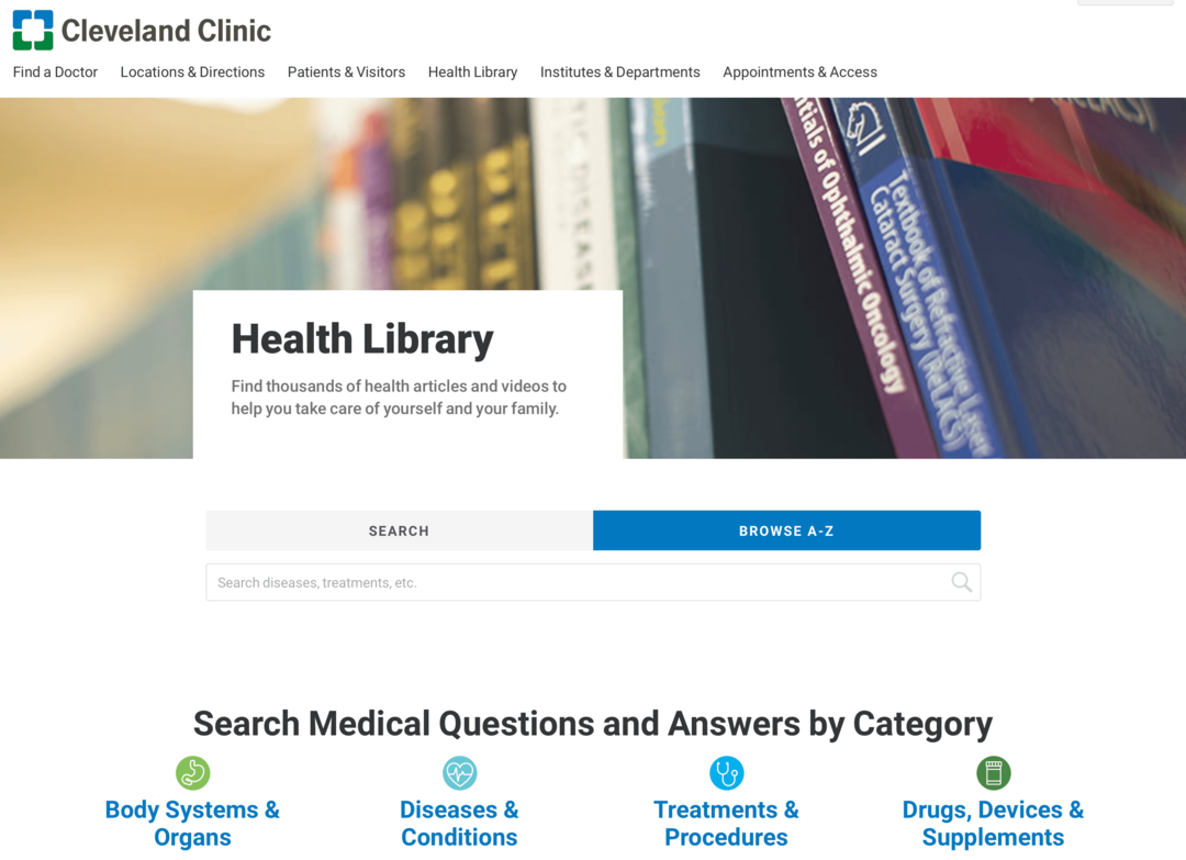 слика веб странице Здравствене библиотеке Кливлендске клинике