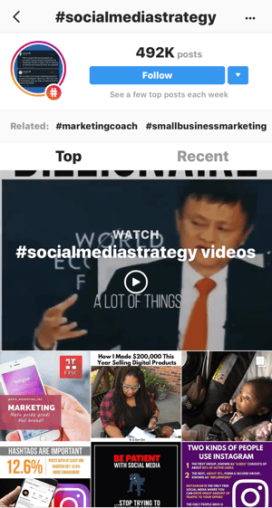 Како стратешки развијати свој Инстаграм, следећи, корак 11, пронаћи релевантне примере постова, узорковати претрагу видео снимака „#социалмедиастратеги“