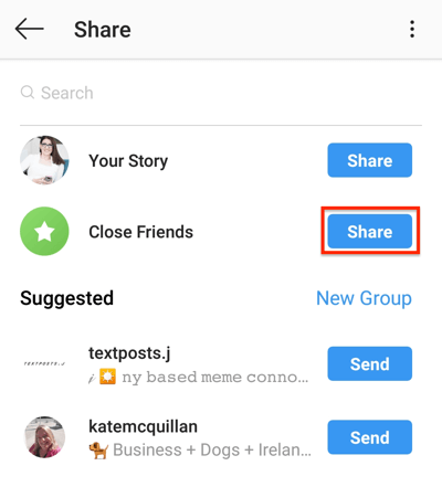 Додирните дугме Дели да бисте своју Инстаграм причу поделили са листом блиских пријатеља.