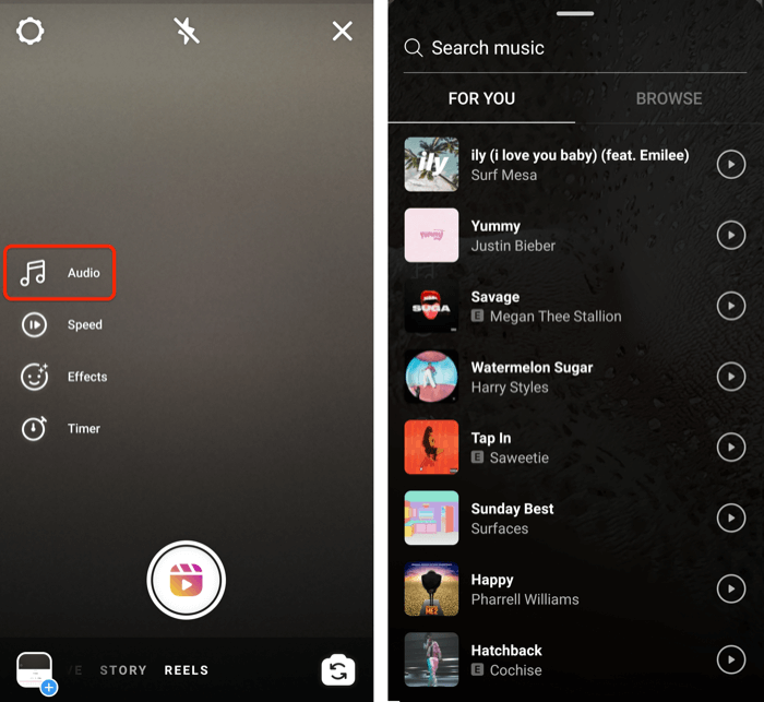 снимци екрана који приказују инстаграм намотавају аудио опције и неколико доступних примера песама