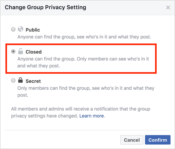 У пољу Промена поставке приватности групе изаберите опцију Затворено и кликните на Потврди.