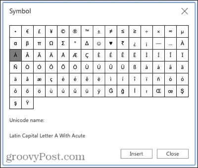 Симболи за акцентне знакове у програму Ворд на вебу