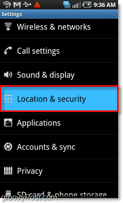 локацију и безбедносни мени Андроид
