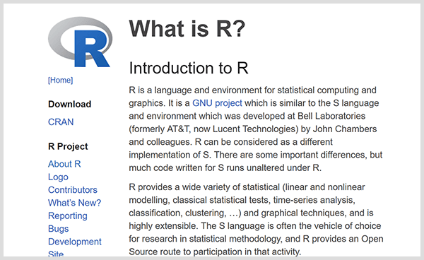 Изградите сопствене алате за предиктивну аналитику помоћу програмског језика Р. Снимак екрана уводне веб странице Р. 