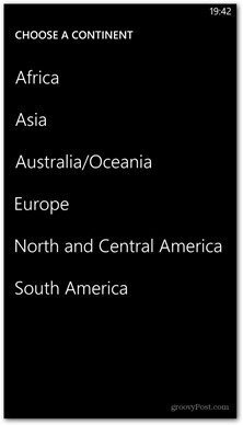 Виндовс Пхоне 8 приказује расположив континент
