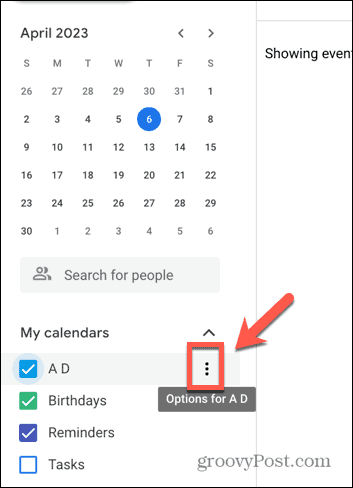 Снимак екрана иконе са три тачке Гоогле календара
