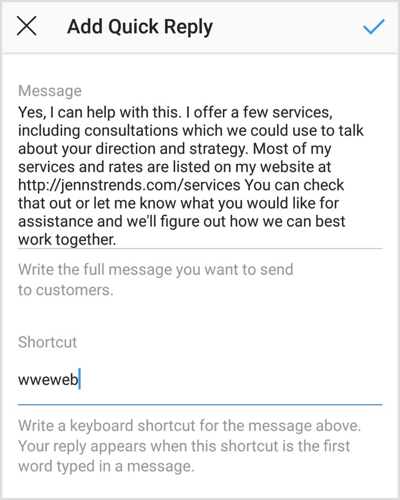 Откуцајте поруку и пречицу да бисте креирали брзи одговор на Инстаграм.