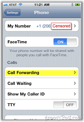 Снимка заслона опције просљеђивања позива ипхоне