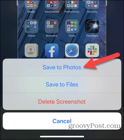 Додирните Сачувај у фотографије приликом уређивања снимке екрана иПхонеа