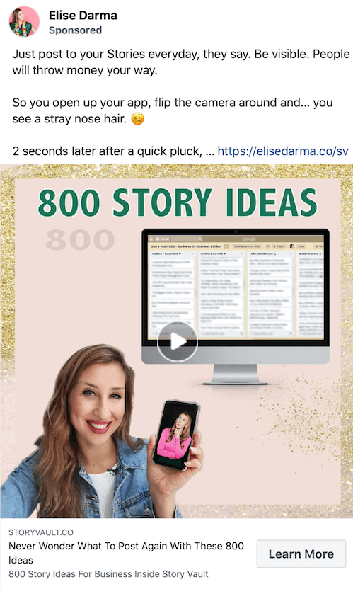 пример снимка екрана спонзорираног поста Елисе Дарма који промовише 800 идеја за приче
