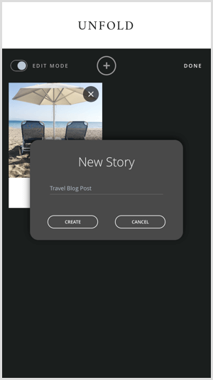 Додирните икону + да бисте створили нову причу помоћу програма Унфолд.