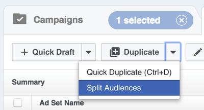 У Фацебоок Повер Едитор-у кликните стрелицу десно од Дуплицате и одаберите Сплит Аудиенцес.
