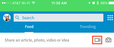 Кликните на икону видео камере да бисте креирали ажурирање за ЛинкедИн видео.