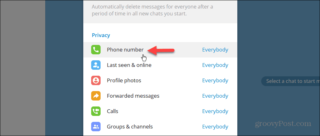 Подешавање приватности броја телефона у апликацији Телеграм за десктоп рачунаре