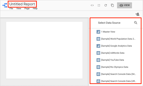 Изаберите извор података и додајте име за свој извештај.