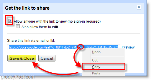 Снимак слике Гоогле докумената - копирајте везу, а затим је сачувајте и затворите